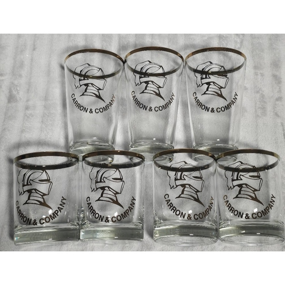 Vintage Carron & Company Glassware Set 7pc Knight Logo Gold Rim Highball Rocks